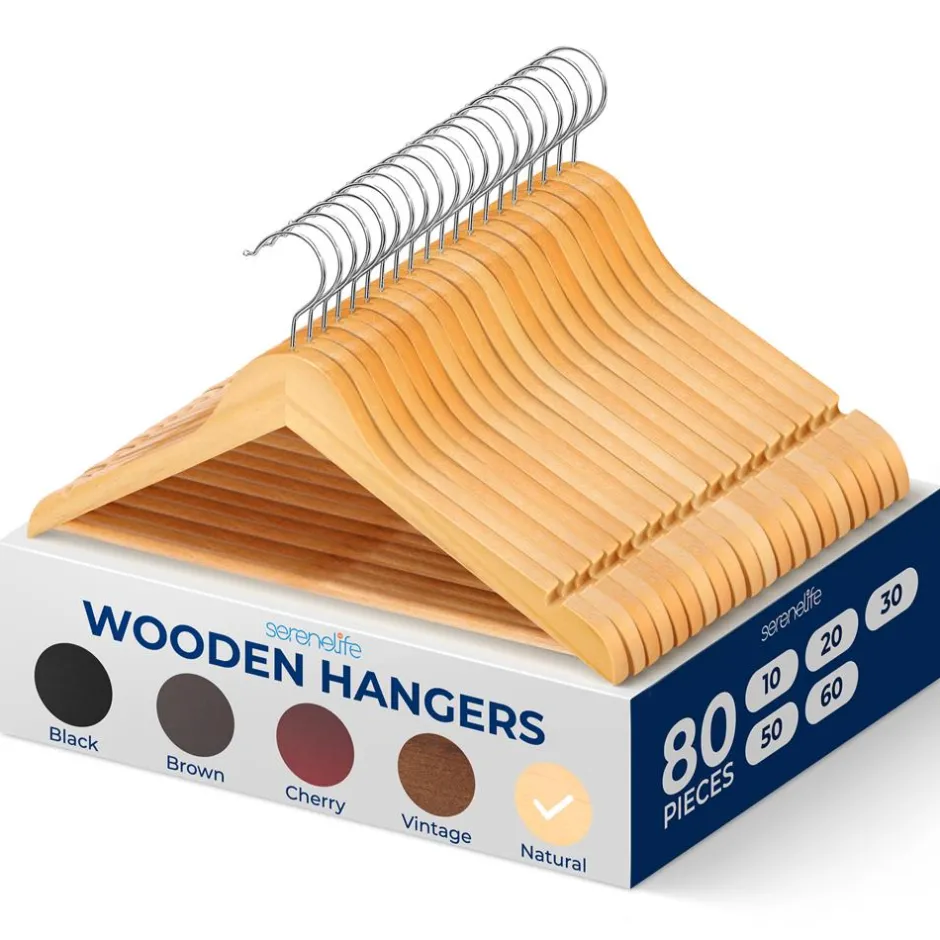 Wooden Hangers 80-Pack, Heavy Duty, 360° Swivel Hook, Natural Wood<SereneLife New