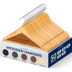 Wooden Hangers 50-Pack, Heavy Duty, 360¬∞ Swivel Hook, Natural Wood<SereneLife Hot