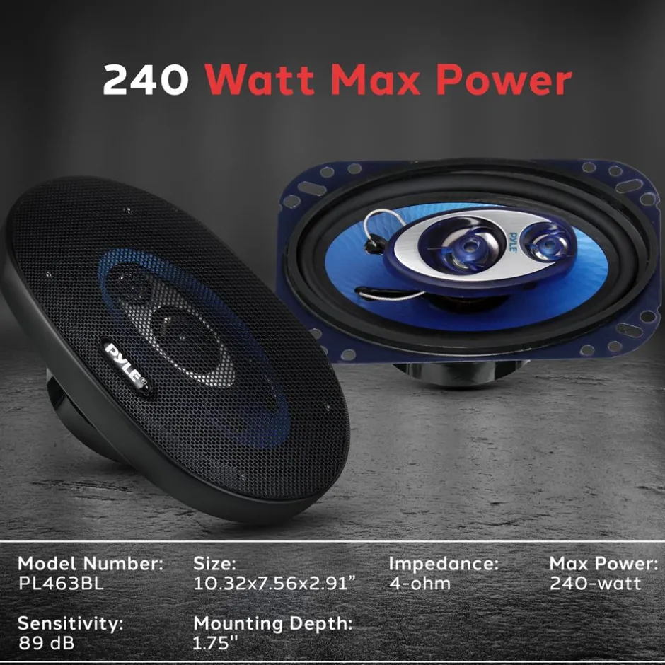 4"x6" 240W Car Speakers, Triaxial, Butyl Rubber, Blue Cone<Pyle Online